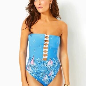 Lilly Pulitzer Lunar Blue A Little Nauti Ocean Blue and Pink Sailboat One Piece